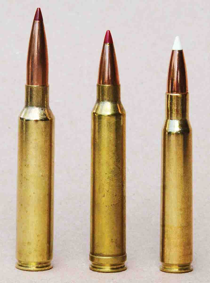 For comparison purposes the (left to right): .300 PRC, .300 Winchester Magnum and .30-06 Springfield.